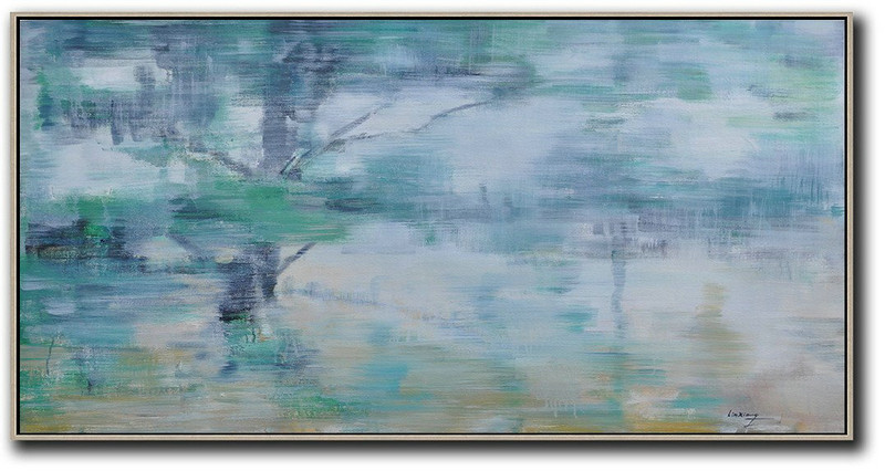 Hand Painted Extra Large Abstract Painting,Panoramic Abstract Landscape Painting,Large Wall Art Canvas,Blue Grey,Green,White,Yellow.etc